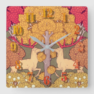 Jugendstil-Herbstbäume und Hirsche Vintager Fall Quadratische Wanduhr