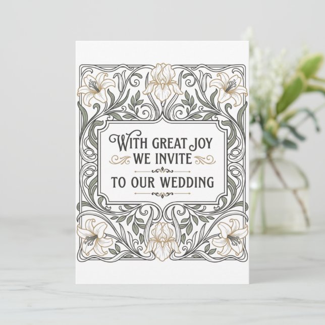 Jugendstil Hochzeit Blumen  Einladung (Stehend Vorderseite)