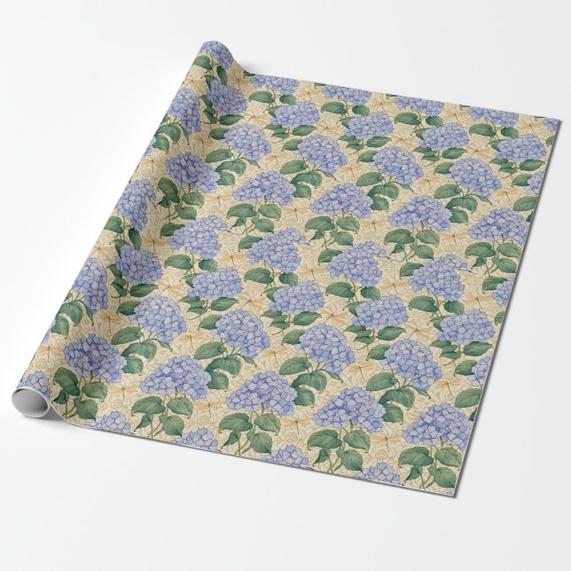 Jugendstil-Hortensienmuster mit Libellen Geschenkpapier (Ungerollt)