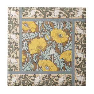 Jugendstil-Illustration Mohn Gelbe Blume Fliese