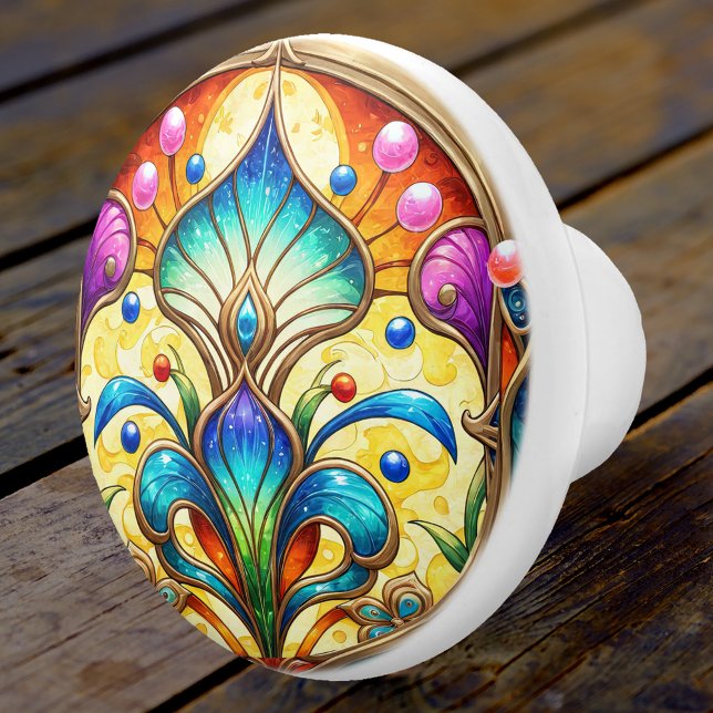 Jugendstil im Art Deco Keramikknauf (A colorful ceramic door knob featuring a floral art deco design.)