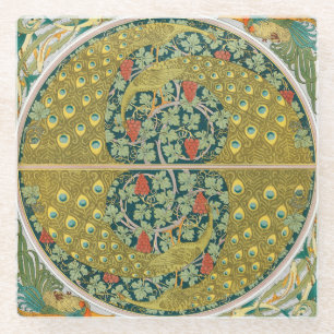 Jugendstil im Pfauenstil - runder, aufwändiger Ent Glasuntersetzer