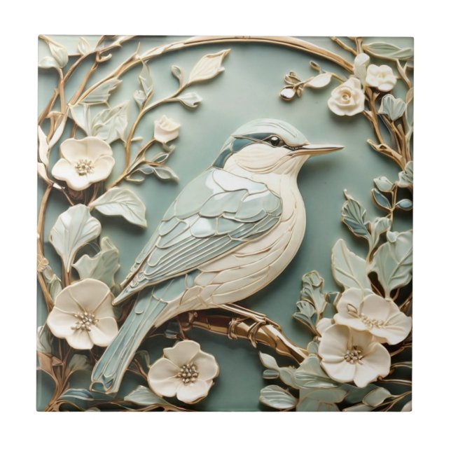 Jugendstil-Imitate Relief Nuthatch Bird Direkt geg Fliese (Vorderseite)