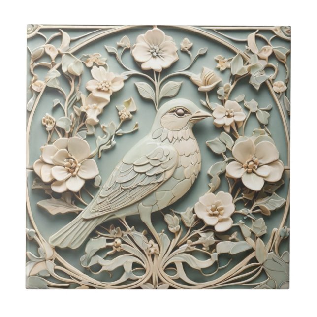 Jugendstil-Imitate Relief Right Bird Blume Minze Fliese (Vorderseite)