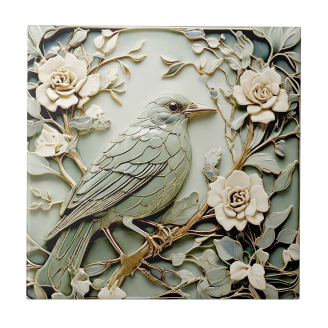 Jugendstil-Imitate-Relief Right Blackbird Minze Fliese (Vorderseite)
