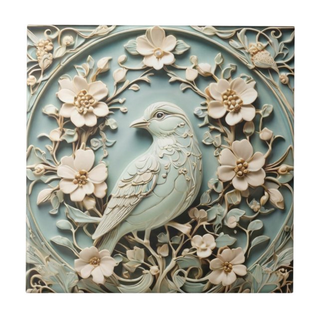 Jugendstil-Imitate-Relief Verlassen Vogelblumenmin Fliese (Vorderseite)