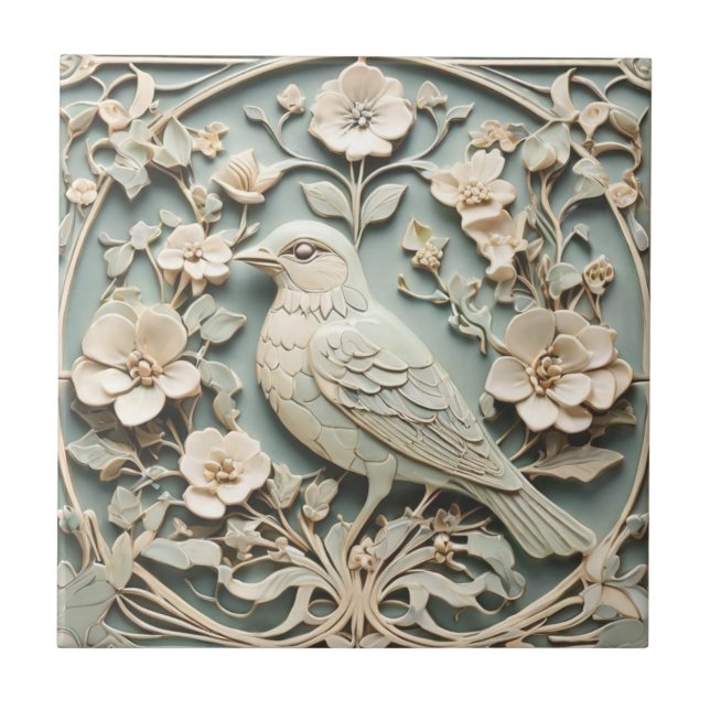 Jugendstil-Imitate Relief Vogel Blume Blüten Minze Fliese (Vorderseite)