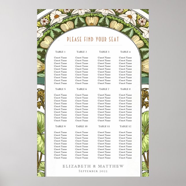 Jugendstil-inspirierter Hochzeitssitzplan Poster (Vorne)