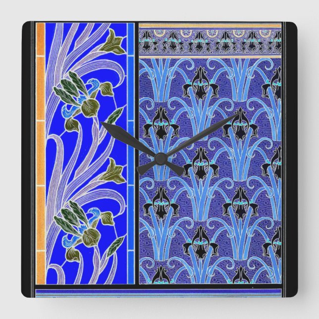 Jugendstil-Iris-Blume elegant Vintag Quadratische Wanduhr (Vorderseite)