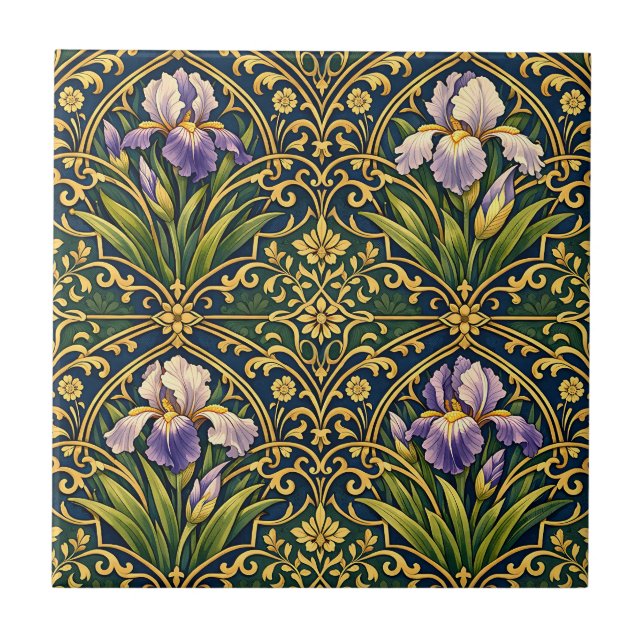 Jugendstil-Iris-Blumendamast Fliese (Vorderseite)