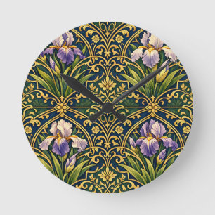 Jugendstil-Iris-Blumendamast Runde Wanduhr