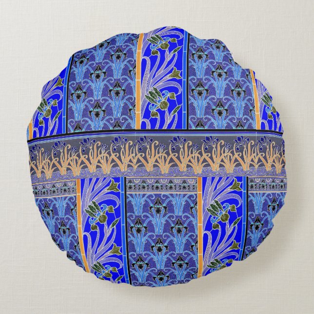 Jugendstil-Iris elegantes Vintages blühendes Gold Rundes Kissen (Rückseite)