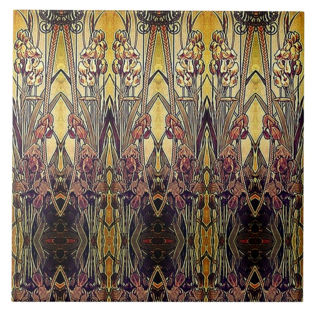 Jugendstil-Iris-Muster Gold Bronze rot elegant Fliese (Vorderseite)