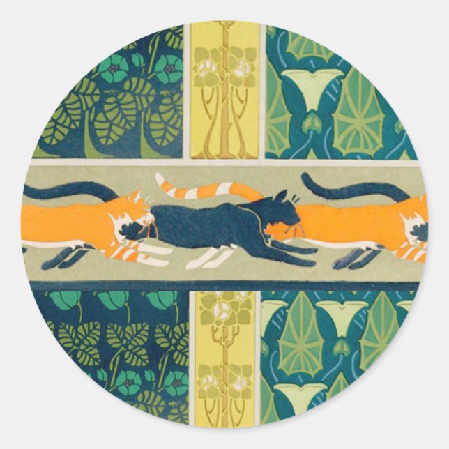 Jugendstil-Katzen und Blume Runder Aufkleber (Vorderseite)