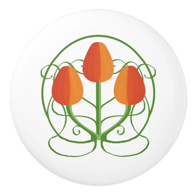 Jugendstil Keramik Knospen mit Orange Tulips Keramikknauf (Vorderseite)