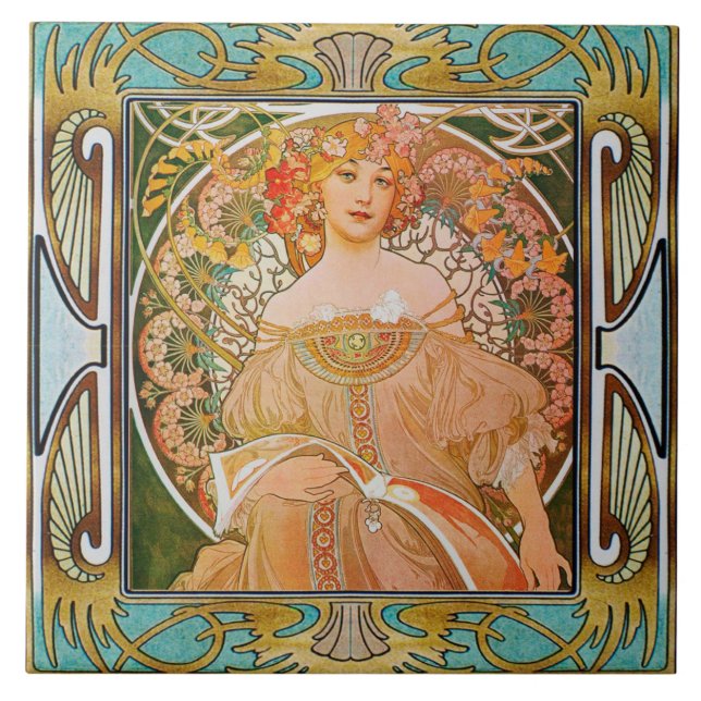 Jugendstil-Keramik Tile Alphose mucha Design 01 Fliese (Vorderseite)