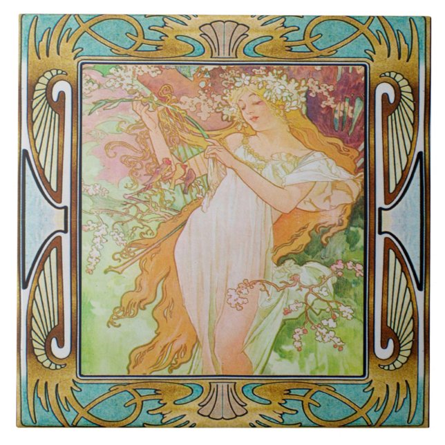 Jugendstil-Keramik Tile Alphose mucha Design 02 Fliese (Vorderseite)