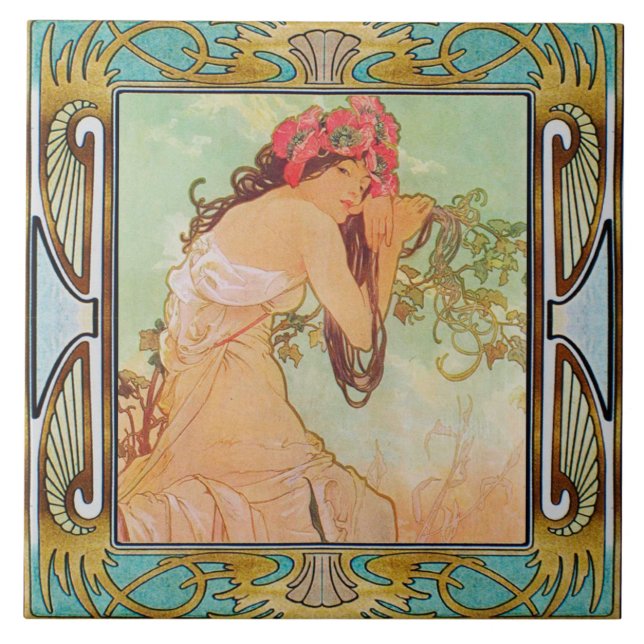 Jugendstil-Keramik Tile Alphose mucha Design 03 Fliese (Vorderseite)