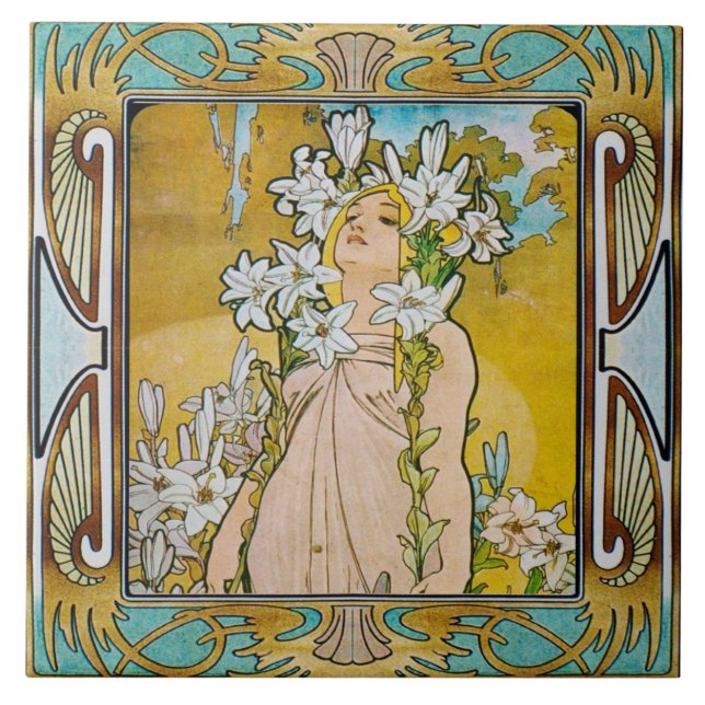 Jugendstil-Keramik Tile Alphose mucha Design 04 Fliese (Vorderseite)
