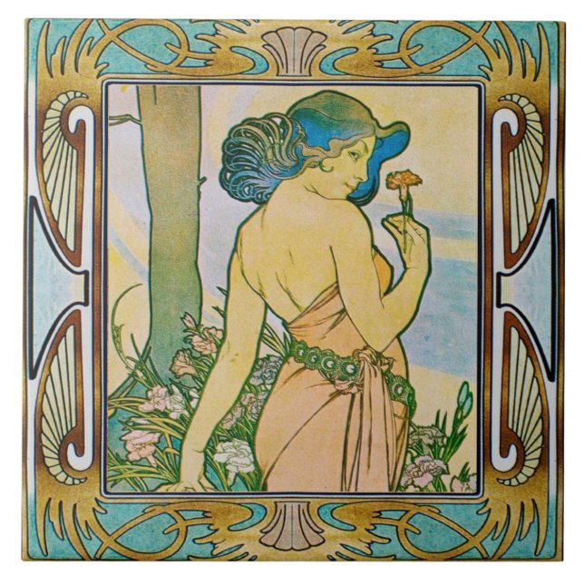 Jugendstil-Keramik Tile Alphose mucha Design 08 Fliese (Vorderseite)