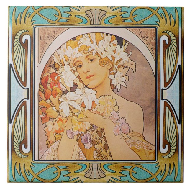Jugendstil-Keramik Tile Alphose mucha Design 11 Fliese (Vorderseite)