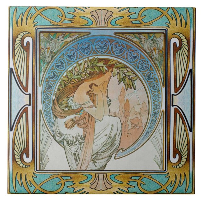 Jugendstil-Keramik Tile Alphose mucha Design 12 Fliese (Vorderseite)