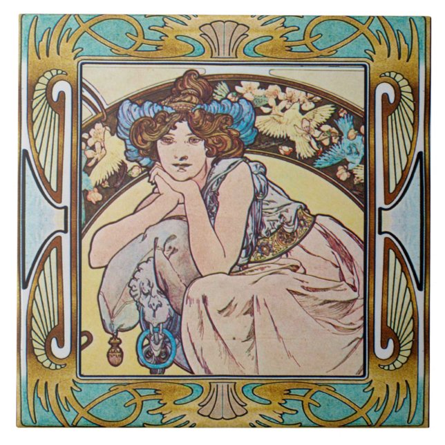 Jugendstil-Keramikfliese Alphonse Mucha Design 14 Fliese (Vorderseite)
