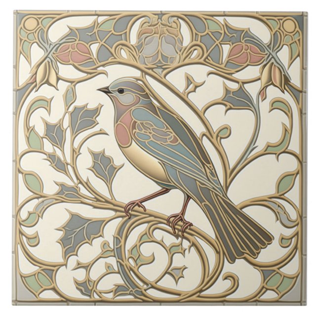 Jugendstil-Keramikfliese mit Mosaik-Vogelmotiv Fliese (Vorderseite)