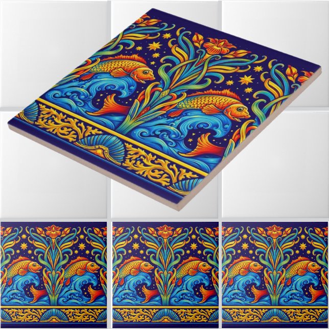 Jugendstil-Koi-Fisch- und Blumenfriesmuster Fliese (Von Creator hochgeladen)
