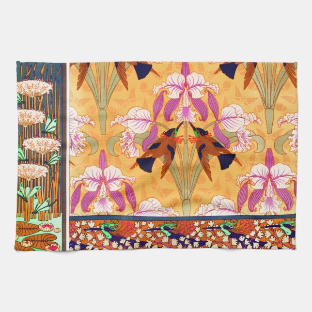 Jugendstil-Kolibri und orchide Blume Geschirrtuch (Horizontal)