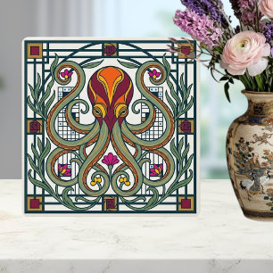 Jugendstil Krake Orange Burgund Grün Floral D Fliese