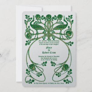 Jugendstil-Krane in Rosenbusch-Hochzeit Einladung