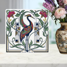 Jugendstil Kranich Blumen Geometrisches Muster Ker