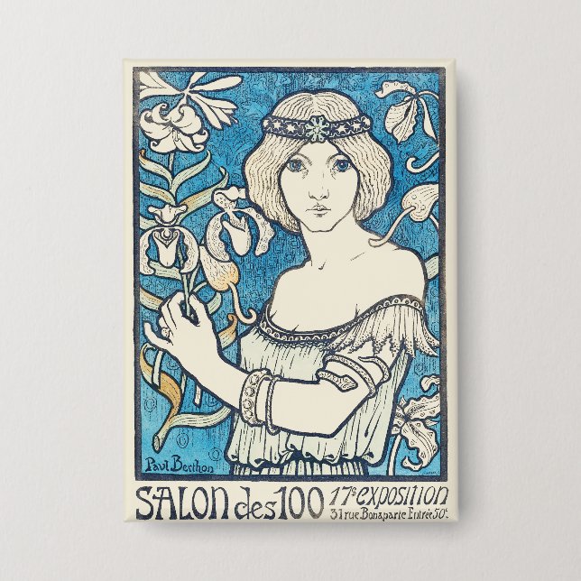 Jugendstil-Kunst Frau Blaues Blumenposter Druck Button (Vorderseite)