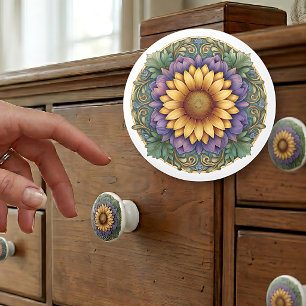 Jugendstil-Lavendel-Sonnenblumen-Medaillon Keramikknauf