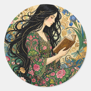 Jugendstil Lesen im Garten Runder Aufkleber