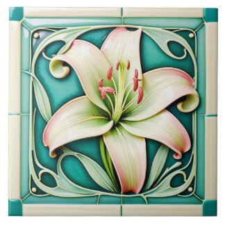 Jugendstil-Lilien-Keramikfliese. Fliese