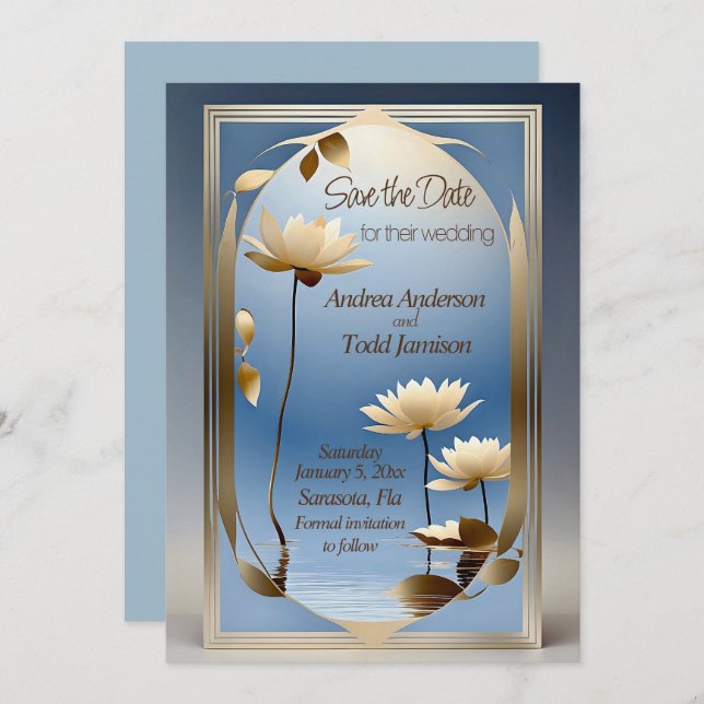Jugendstil-Lotus-Blumen Hochzeit Save The Date (Vorne/Hinten)