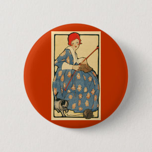 Jugendstil - Mädchen beim Stricken mit ihrer Katze Button