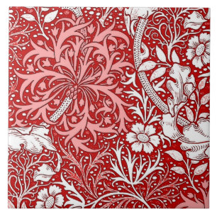 Jugendstil Meeresalgen-Blumen, tiefrot und weiß Fliese