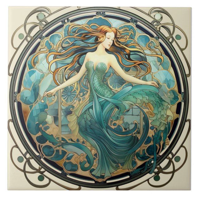 Jugendstil-Meerjungfrau, Aquamarine und Bernsteind Fliese (Vorderseite)