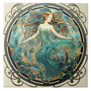 Jugendstil-Meerjungfrau in Türkis und Bernstein Fliese