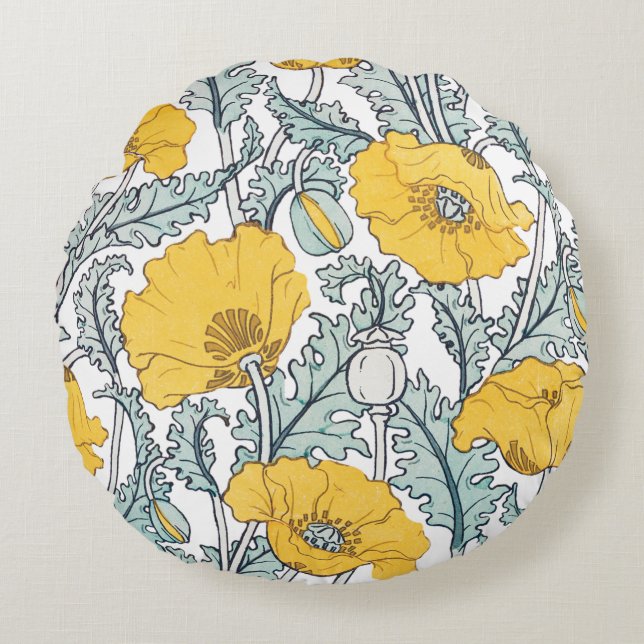Jugendstil-Mohnblumenmuster   LARGE Rundes Kissen (Vorderseite)