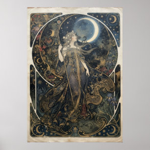 Jugendstil Mond Göttin Frau Himmelsblume Po Poster