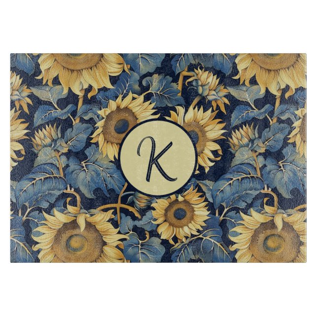 Jugendstil-Monogramm-Sonnenblume-Glas-Schneidbrett Schneidebrett (Vorderseite)