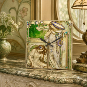 Jugendstil Musikmädchen Vintage-Illustration Quadratische Wanduhr