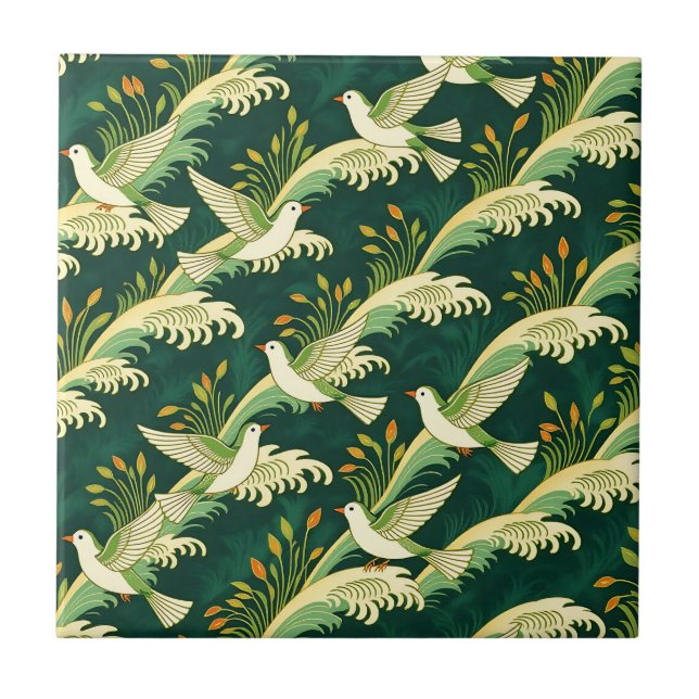 Jugendstil-Muster mit fliegenden Vögeln, elegante  Fliese (Vorderseite)
