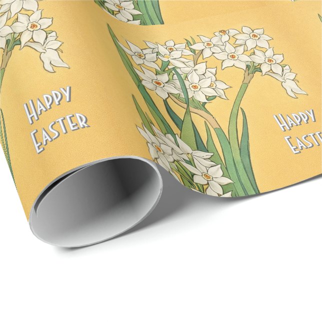 Jugendstil-Narzissenblumen – Ostern Geschenkpapier (Rolleneckpunkt)