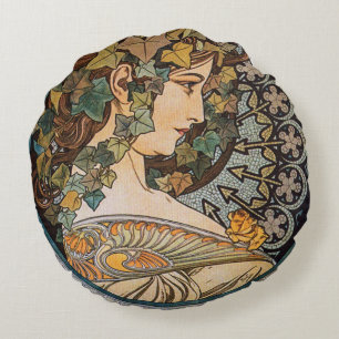 Jugendstil Naturgöttin von Alphonse Mucha Rundes Kissen