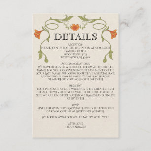 Jugendstil Orange Blumen Grüne Hochzeitsdetails Begleitkarte
